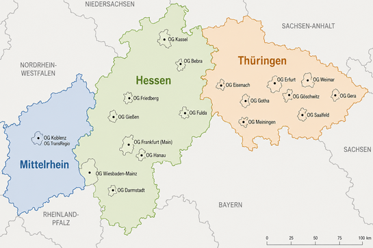 politische Karte des Bezirk Hessen-Thüringen-Mittelrhein mit allen Ortsgruppen