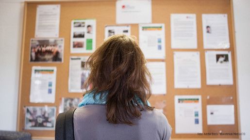 Frau steht vor Aushängen und liest